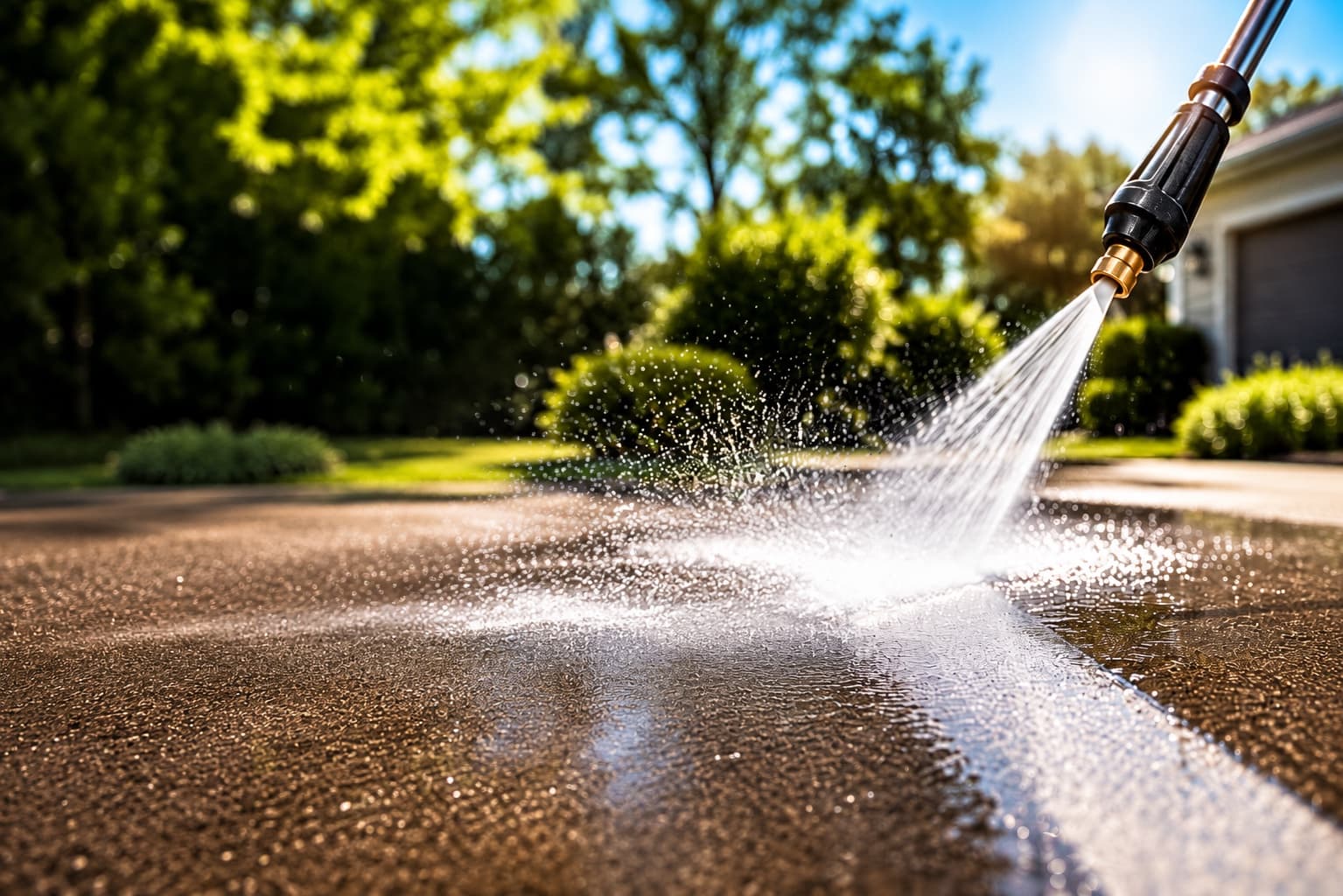 High-pressure washer spraying a fan of water across a sunlit concrete driveway