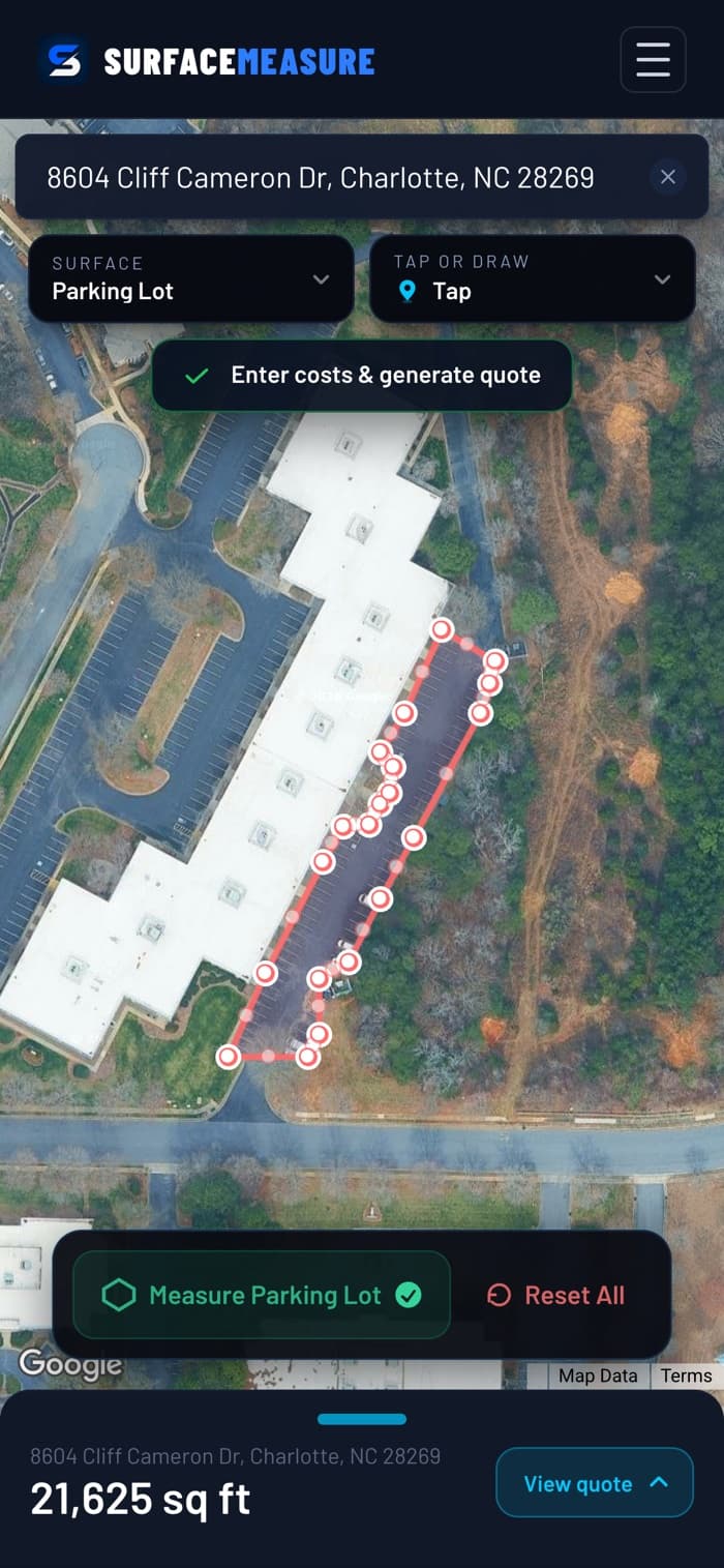SurfaceMeasure on a phone: a commercial parking lot traced from satellite imagery, reading 21,625 square feet