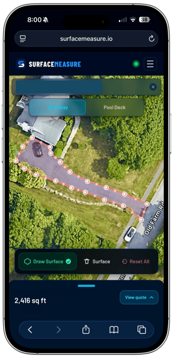 SurfaceMeasure on a phone measuring a driveway from satellite imagery, showing 2,416 sq ft